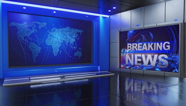 High-tech virtual broadcast set with world map and breaking news screen. - Powered by Adobe