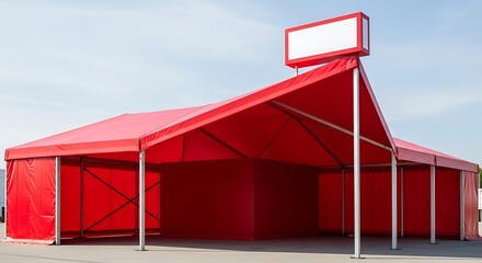 Vibrant Red Exhibition Tent with Illuminated Signage Under Clear Sky.