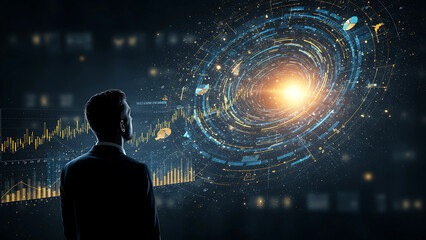 Businessman contemplating futuristic data visualization, abstract digital galaxy.