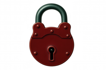 Closed red vintage padlock with green shackle isolated on transparent background, representing data protection and security