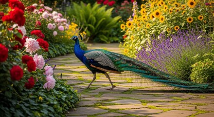 Peacock strolling through flower garden path wildlife scene