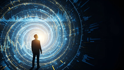 Silhouette of a businessman facing a swirling vortex of data and financial charts, symbolizing future opportunities and technological advancement.