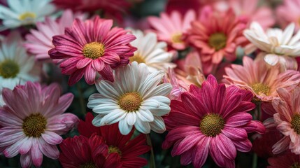 Fototapeta premium Close Up of Pink, Red, and White Daisies with Water Droplets