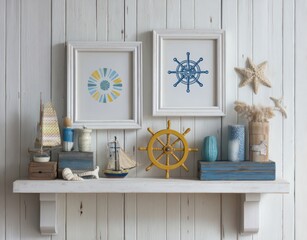 Coastal Decor on White Shelf Blue Yellow Nautical Theme