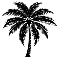 Black Silhouette of a Palm Tree with Dense Fronds and Curved Trunk tropical beach