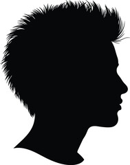 Silhouette of person in profile, spiky hair, defined jawline, head and shoulders, black figure, hairstyle, facial outline, minimal design