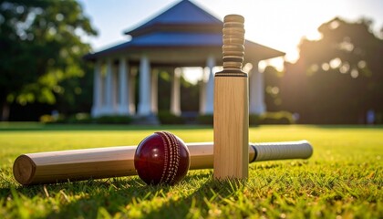 Cricket bat, red ball, and stumps on grassy field with domed pavilion.