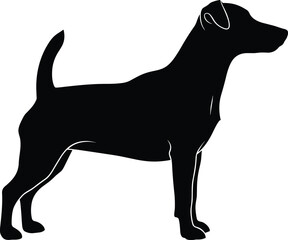 Silhouette of standing dog, side profile, raised tail, pointed ears, black contour, pet icon, animal shape, canine posture, logo use
