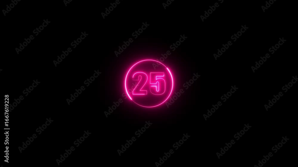 Poster a dynamic circular animation and glowing neon number 25 animation on a black background.