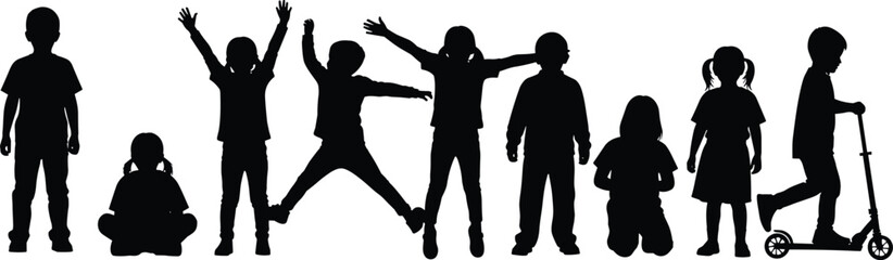Silhouettes of diverse children in active poses, sitting, jumping, riding scooter, expressive movements, childhood energy, outdoor activity, playful moments