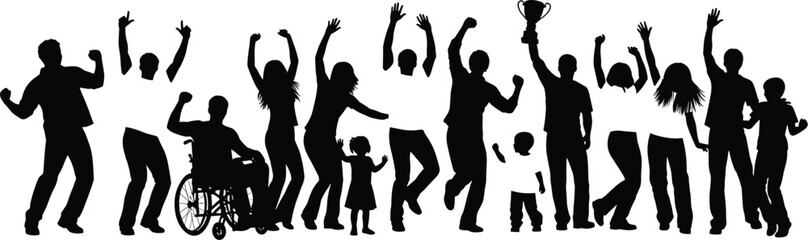 Silhouettes of diverse group celebrating, dancing, cheering, trophy holding, wheelchair inclusion, children joy, unity, black contour, inclusive moment, happiness