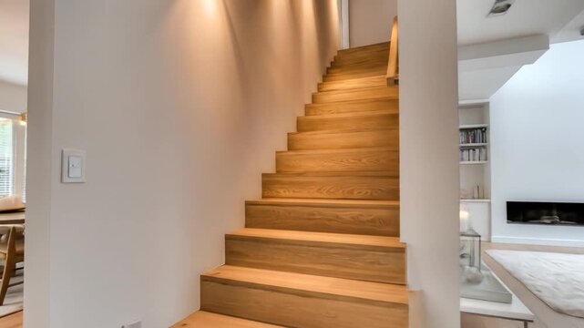Modern interior of a stylish living room with a staircase leading to an upper level, featuring minimalist decor, a cozy seating area, and a well-lit ambiance, ideal for home design inspiration