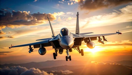 Fototapeta premium Fighter jet flying at sunset over mountains with dramatic sky.
