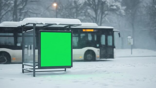 Snowy bus stop with blank ad