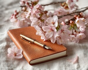 Brown leather notebook with gold fountain pen and cherry blossoms for journaling blog posts, creative writing, spring greeting cards, stationery branding


