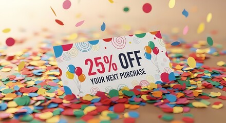 A promotional card displaying "25% OFF YOUR NEXT PURCHASE" surrounded by colorful confetti falling on a neutral background.
