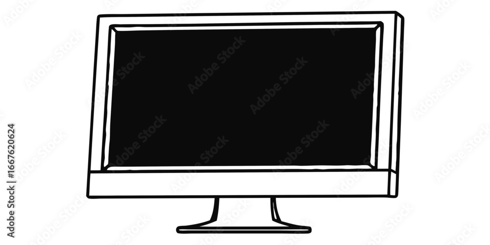 Poster illustration of a black screen desktop computer with a stand on a white background in line art style