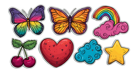 Fototapeta premium Colorful Clipart of Butterflies, Heart, Rainbow, Clouds, and Cherries