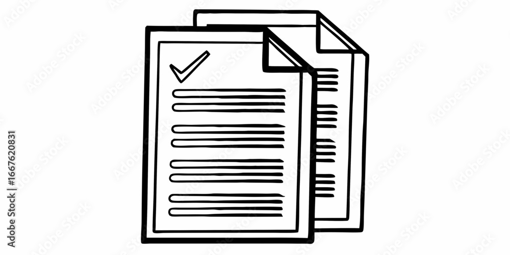 Poster two documents with lines and a checkmark on the first page in a black and white line drawing style