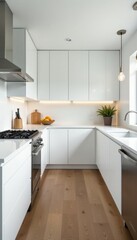 Fototapeta premium Sleek white cabinets, quartz countertops, modern appliances, elegant, white kitchen
