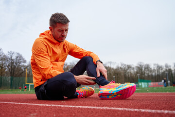 Man in orange jacket and colorful running shoes sitting on athletics track, holding his leg, feeling discomfort or pain after exercise