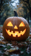 A Brightly Lit Jack-o'-Lantern on a Snowy Path in the Woods,up by Nha Vu