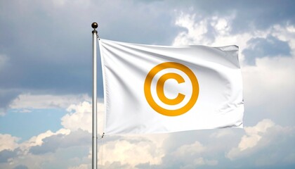White flag with orange copyright symbol waving under cloudy sky.