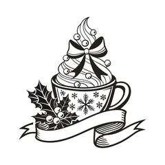 Beautiful Christmas tree-shaped dessert illustration with ornaments, ribbon, and holly decoration, ideal for festive designs, holiday cards, seasonal prints, and winter celebration artwork.