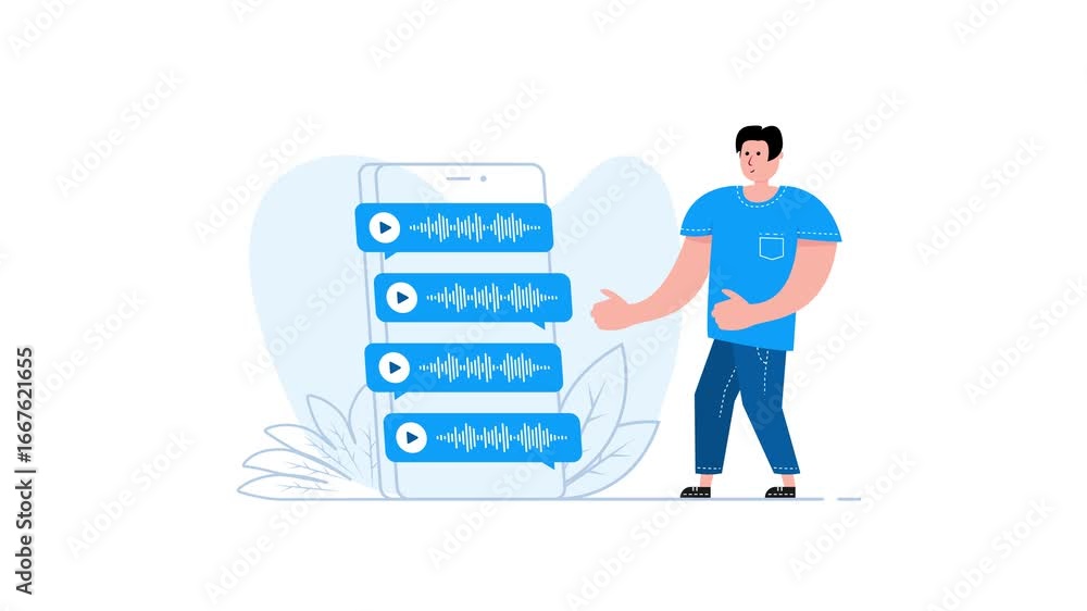 Poster man presenting voice messages and audio recordings on smartphone with green screen option