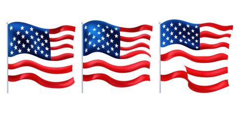 Fototapeta premium Three Stylized Waving American Flags on Poles usa flag united states flag isolated on a transparent background