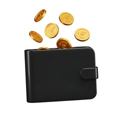 Golden coins falling into black leather wallet showing wealth accumulation and financial prosperity concept isolated on transparent background