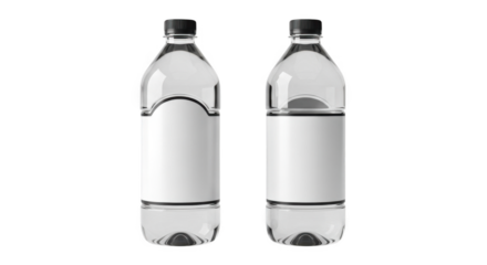 Two clear plastic bottles filled with clear liquid and white labels on a black background