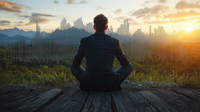 Meditating Man Watching Abstract Data Bars Over a Landscape,up by Nha Vu