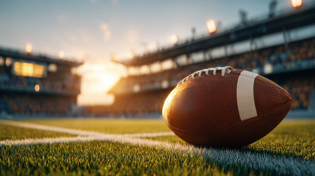 A football resting on the field in a stadium during a sunny day setting sun
