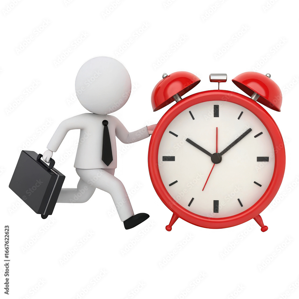 Poster 3d running businessman with red alarm clock isolated on transparent background