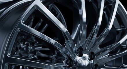 Close-up view of a highly detailed, polished, metallic alloy wheel.  Complex, intricate spokes radiate from the center, showcasing a deep reflective surface