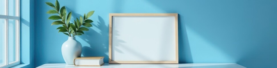 Obraz premium Blank picture frame on blue wall; plants, vase, books, blue, vase, image
