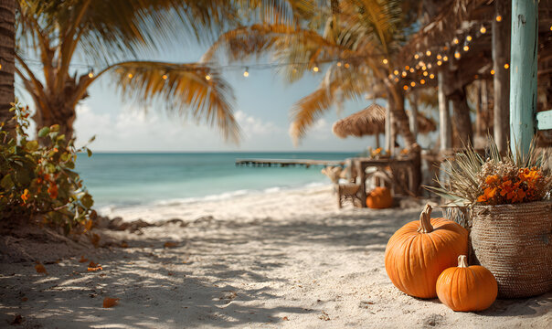 Pumpkin decoration on tropical beach under palm tree, autumn thanksgiving holiay special offer
