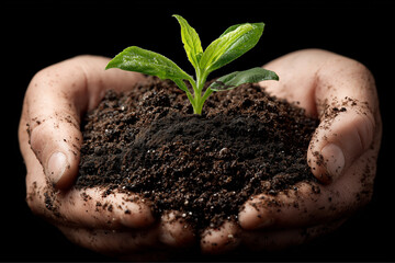 A plant growing from soil held in human hands against a dark background view