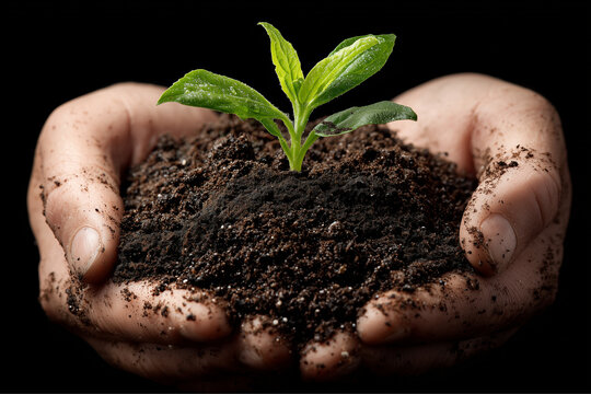 A plant growing from soil held in human hands against a dark background view - Powered by Adobe