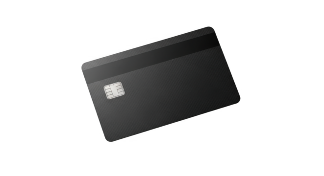 Black credit card with chip and magnetic stripe isolated on a black background representing digital payment and financial transactions