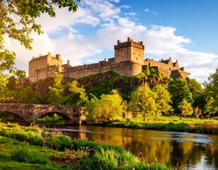 Picturesque castle by a river at sunset