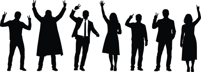 Obraz premium Silhouettes of people standing, hand gestures, peace sign, raised arms, pointing finger, casual and formal attire, black contour, pose variation
