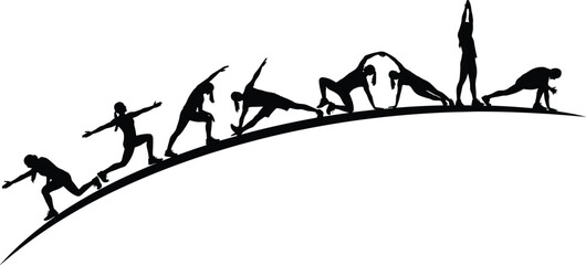 Silhouettes of people stretching, yoga poses, fitness routine, flexibility training, curved surface, exercise sequence, wellness, balance, posture, motion