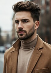 Fototapeta premium Stylish young man with trendy hairstyle and beard wearing a beige turtleneck and camel coat in urban setting, fashionable men's winter outfit inspiration