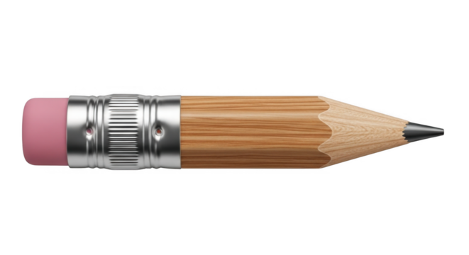 A beautifully rendered 3D image of a sharpened wooden pencil with a pink eraser and silver ferrule isolated on a black background