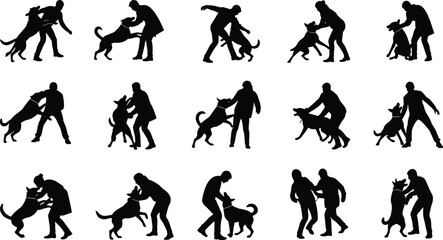 Silhouettes of people with dogs, playful interaction, pet training, jumping dog, bonding moment, black contour, companionship, obedience, gesture, motion