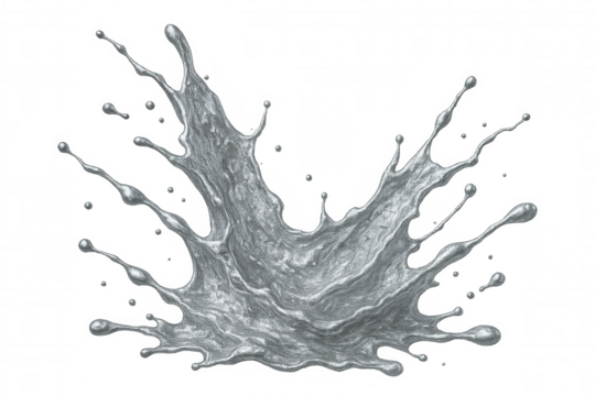 Silver liquid forming dynamic metallic crown-like splash, suspended against transparent backdrop