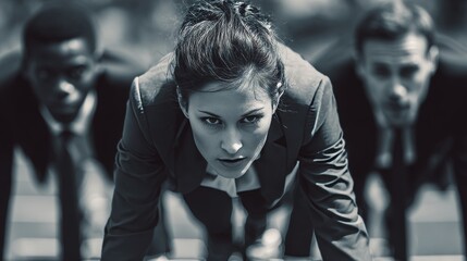 Black and white close-up of focused athletes in intense outdoor track race preparation