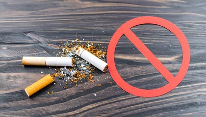 Concept of quitting smoking with a broken cigarette and a red prohibition sign, symbolizing the fight against addiction for a healthy life